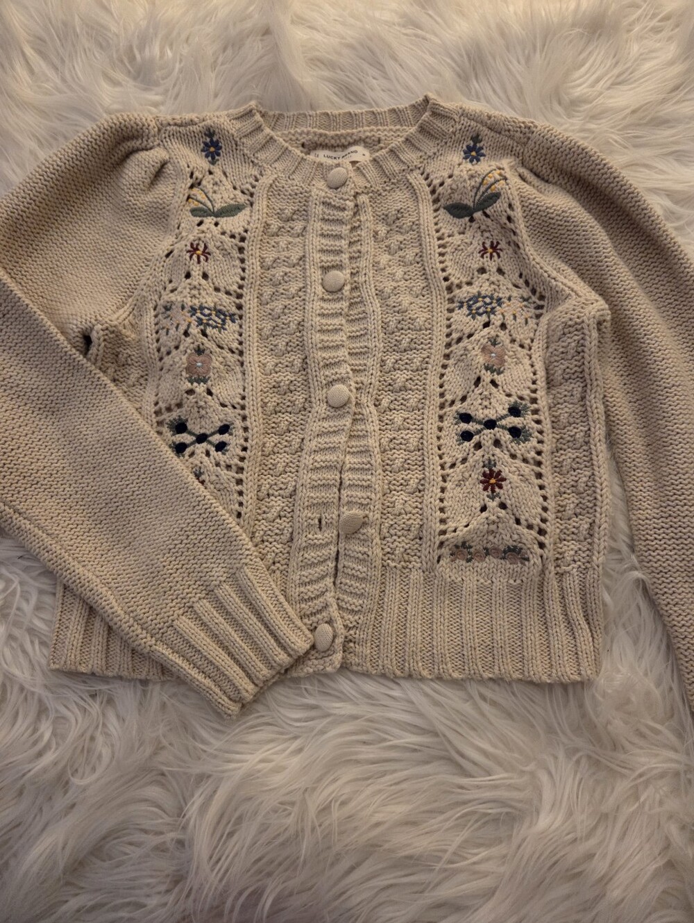 Lucky Brand Puff Sleeve Cardigan With Floral Embroidery